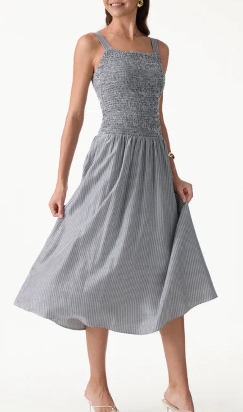OGL Move Stripe Square Neck Smocked Midi Bra Dress Gray White Size L NWOT